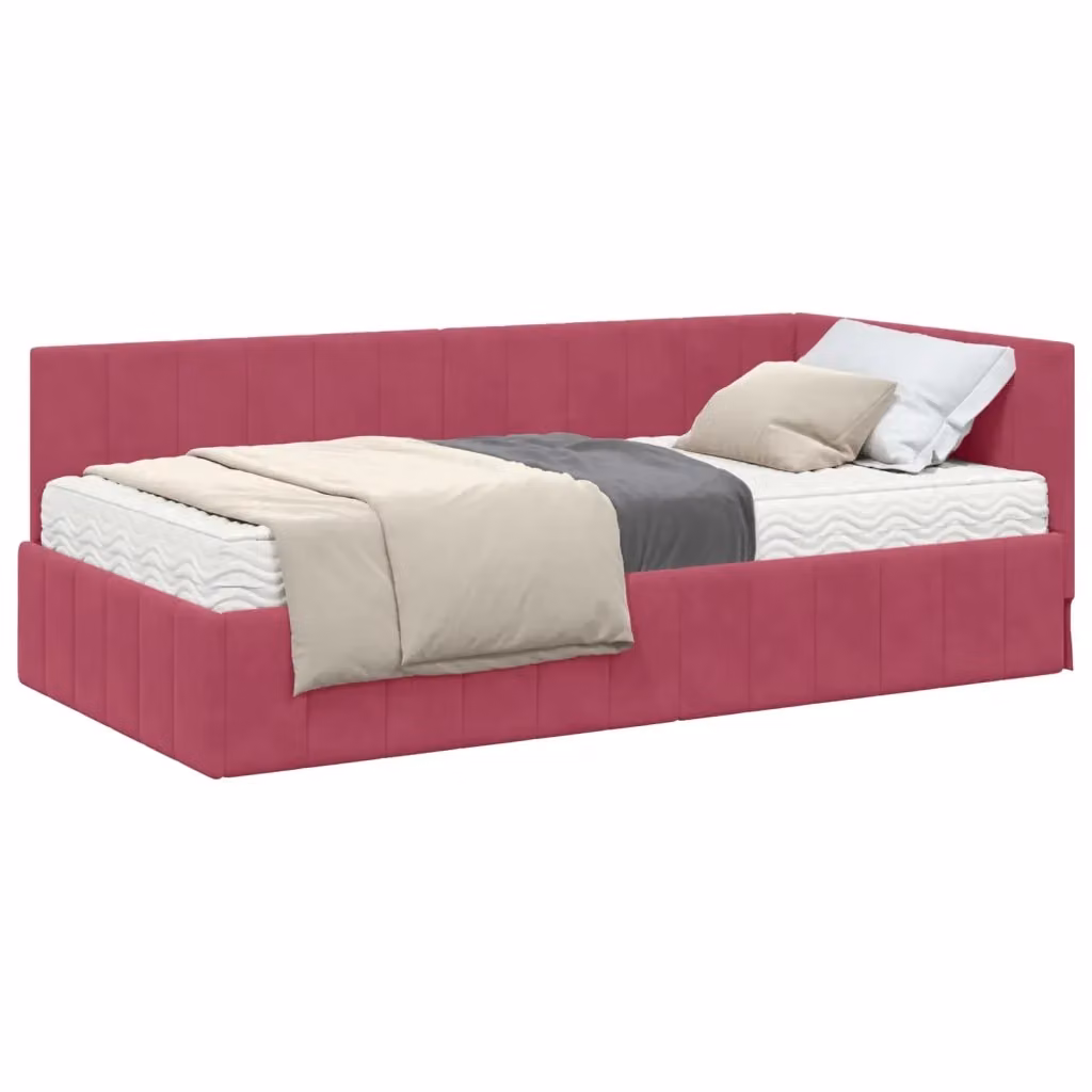 Letto Angolare Moderno vidaXL con 2 Materassi in Schiuma, Rivestimento in Velluto Rosso, L/P/H: 140 x 200 x 104 cm – 2