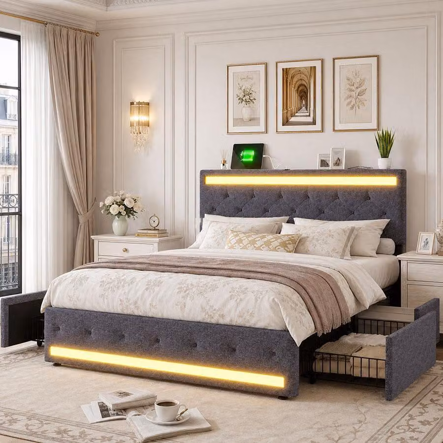 Letto imbottito INONEFT, 140 x 200 cm, con 4 cassetti, letto con spazio contenitivo, letto matrimoniale con LED e USB, letto per adulti con testiera, rivestito in lino, colore grigio scuro