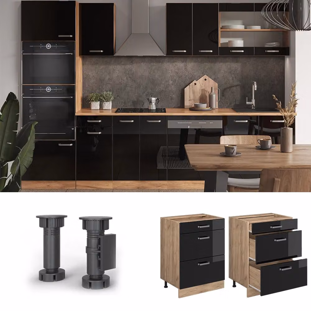 Mobiletto base per cucina Vicco R-Line Nero lucido e Rovere dorato con cassetti, senza piano di lavoro, L: 60 cm, H: 81,6 cm, P: 46 cm – 2