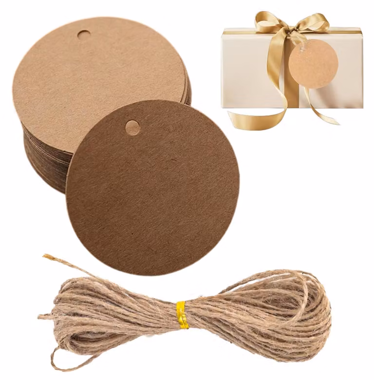100 etichette rotonde in carta kraft, diametro 5 cm, con cordino di iuta, colore marrone