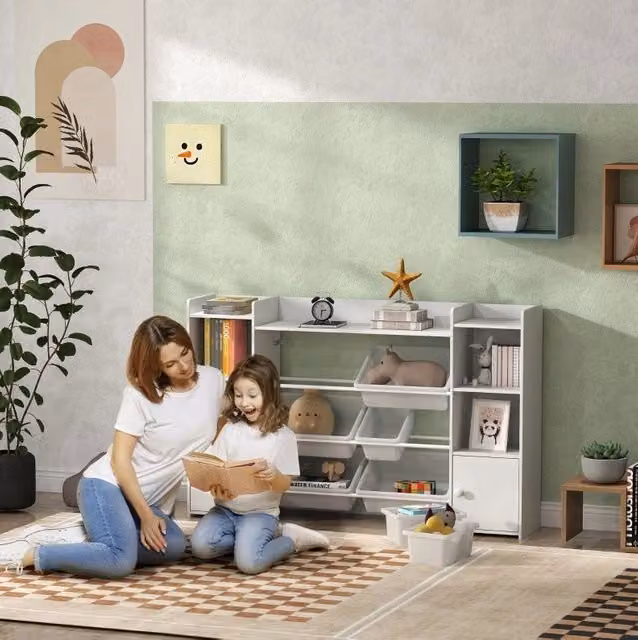 Libreria Montessori ULEVR 140x30x90 cm con contenitori estraibili e adesivi DIY, bianca