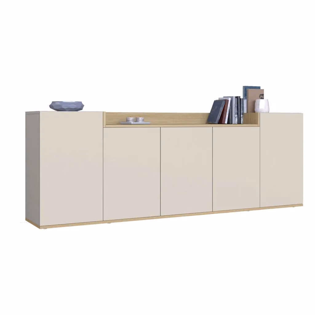 Madia Cordele DMORA con 7 ripiani, credenza moderna sospesa in finitura bianco cashmere e rovere, L: 200 cm, P: 35 cm, H: 70 cm – 2