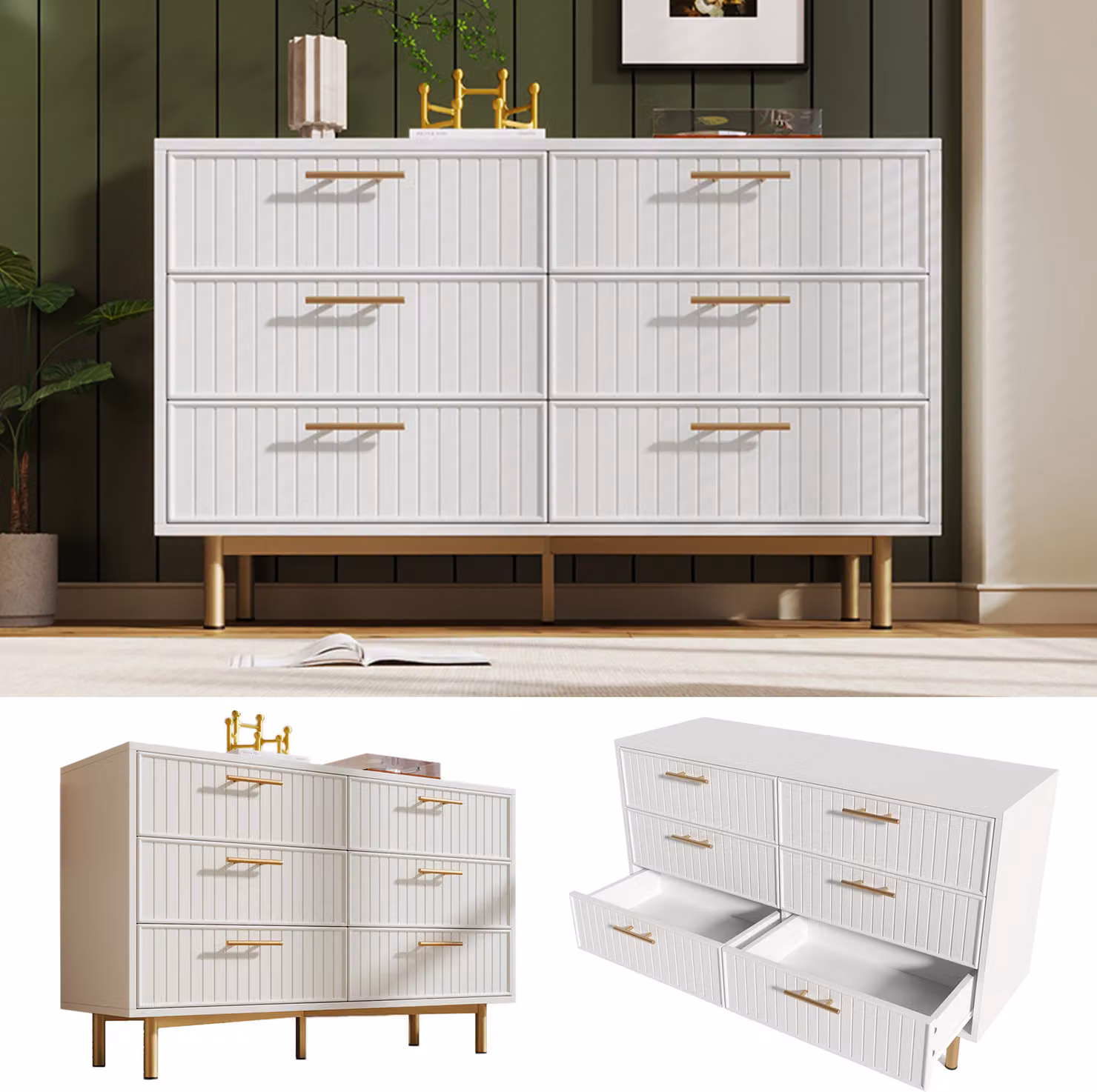 Cassettiera Sweiko Cassettiera con 6 cassetti, bianca Credenza Credenza per la camera da letto e tutti i soggiorni, bianca -H75/B120/T40 cm