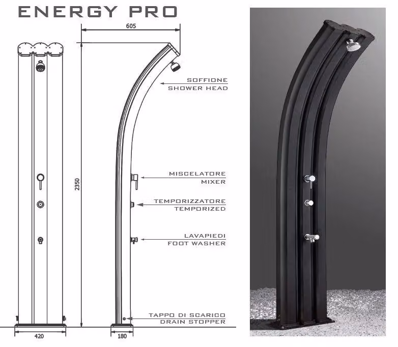 Doccia Solare Arkema Design Energy Pro in Alluminio con Pulsante Temporizzato e Lavapiedi, Colore Antracite e Bianco, 75 l – 2