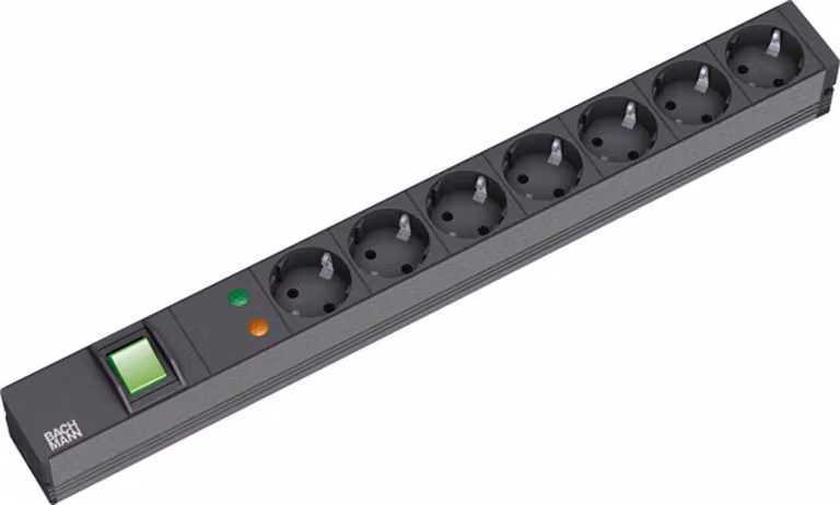 Bachmann 48,30 cm (19") Presa di corrente ÜSS, ALU, 7 vie, s nero, contatto di terra, 2 m, 1U, con interruttoreCon protezione da sovratensione