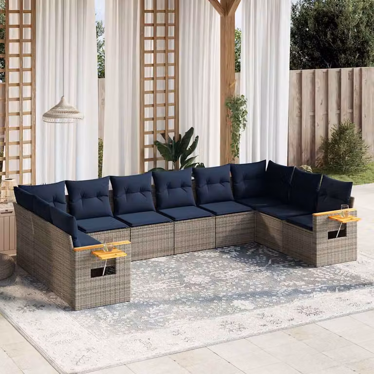 vidaXL Set Divani da Giardino 10 pz in Polyrattan con Cuscini e Tavolino da Esterno, Colore Grigio e Blu