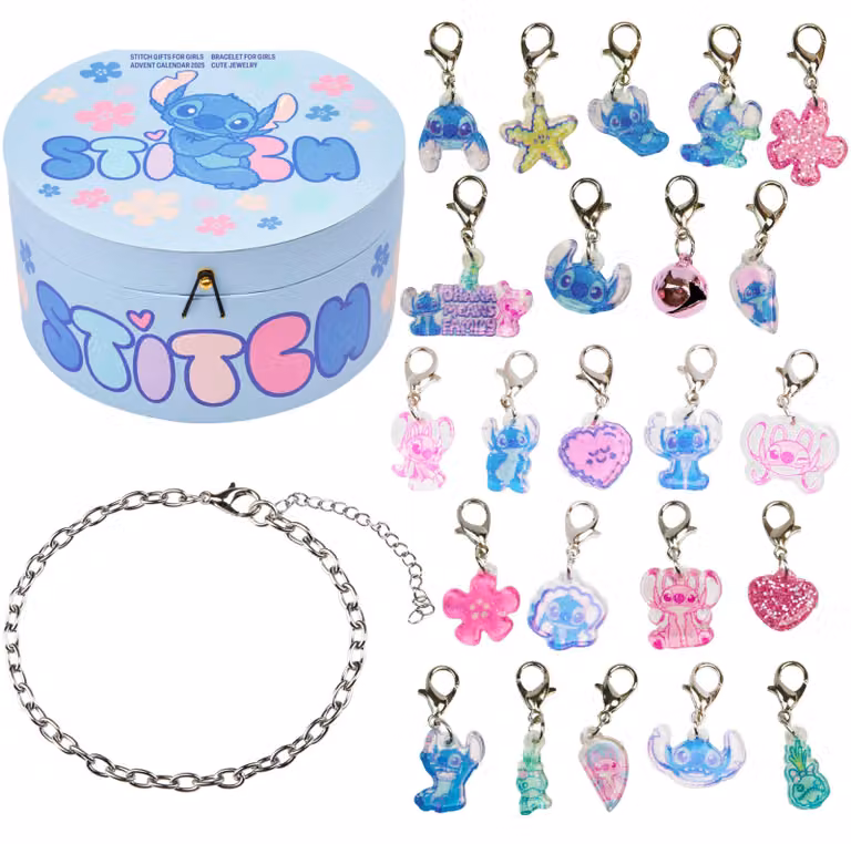 Calendario dell'Avvento Stitch 2026 – 23 ciondoli + braccialetto per bambine