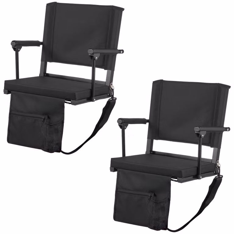 SucceBuy: sedile da stadio portatile con schienale e braccioli, sedia da stadio con tracolla, portabevande e ganci di fissaggio, set da 2 pezzi, nero (larghezza totale 474,98 mm)