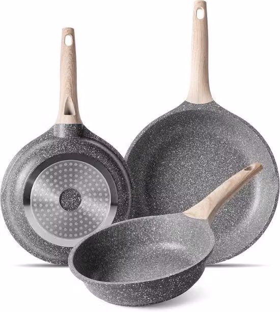 Set di padelle in induzione con rivestimento antiaderente - 3 pezzi - Alluminio fuso - 20cm, 24cm, 28cm