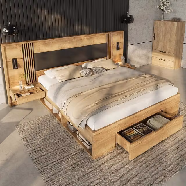Letto Contenitore Matrimoniale con Cassetti e Comodini ¨C Xylo ¨C Legno Naturale 160x200