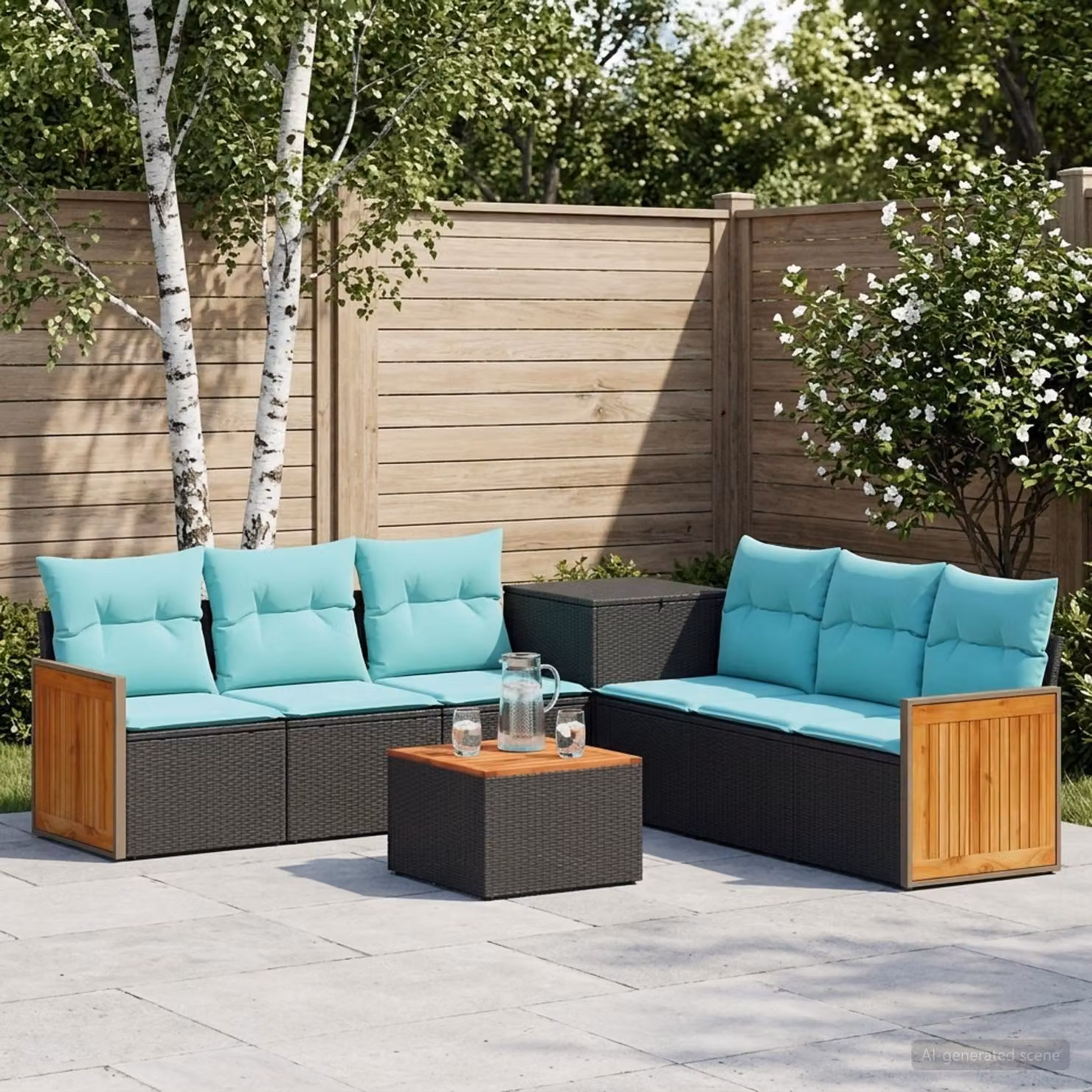 vidaXL Set di divani da giardino a forma di U composto da 8 pezzi in rattan sintetico e metallo, colore nero e blu con cuscini inclusi