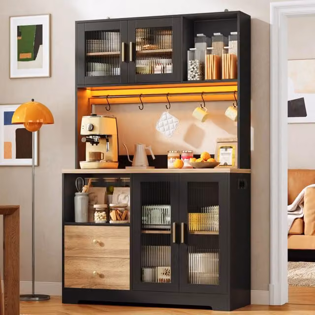 Colonna da cucina WISHDOR con ante in vetro temperato, illuminazione LED e prese USB, nero, L: 110 cm, P: 40 cm, H: 178 cm – 1