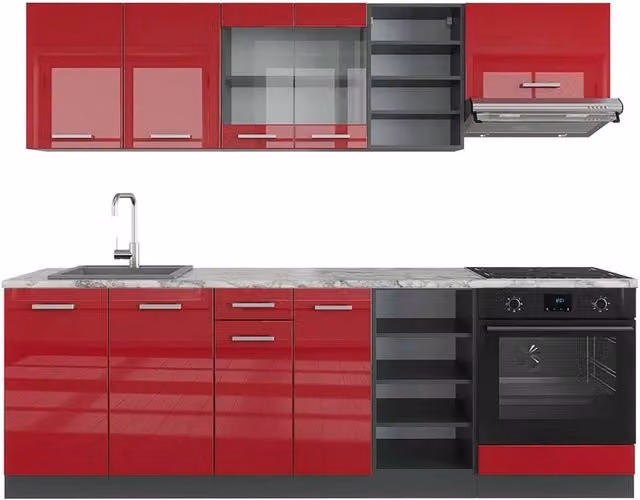 Cucina componibile moderna Vicco R-Line in legno e plastica, colore rosso lucido e antracite, L: 240 cm – 1