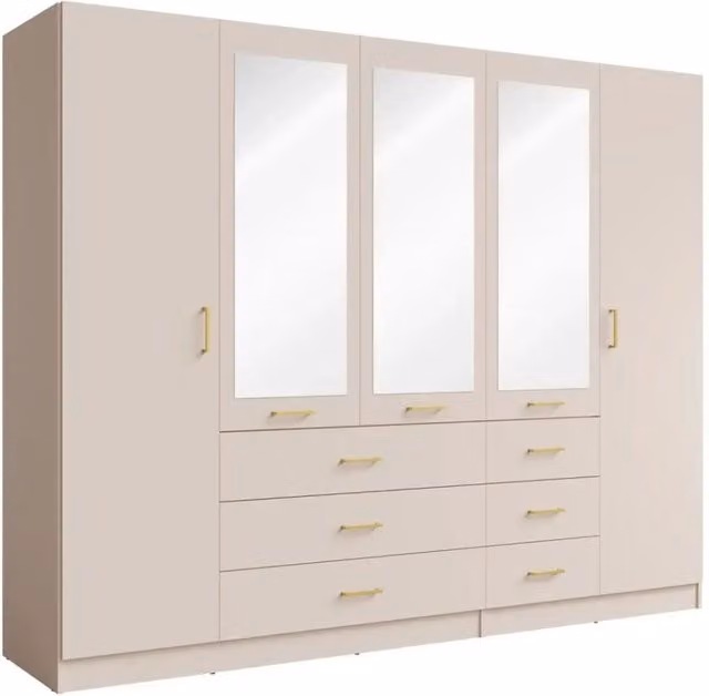 Armadio Kalista Meublorama beige sabbia con specchi e 6 cassetti L: 250 cm, H: 208 cm, P: 58 cm