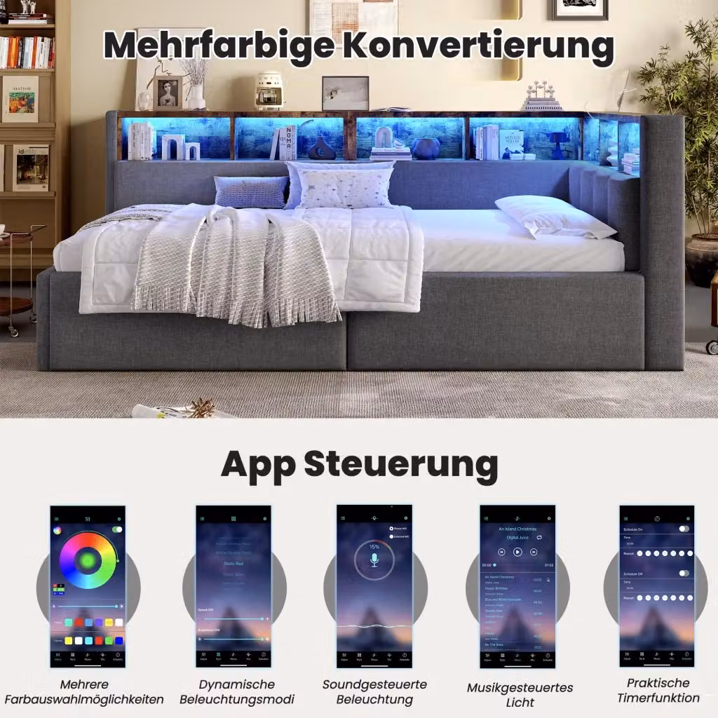 Letto da giorno moderno in lino grigio con contenitore idraulico, illuminazione LED multicolore e porte di ricarica USB e Type-C, L/P/H: 200 x 90 x 35 cm – 2