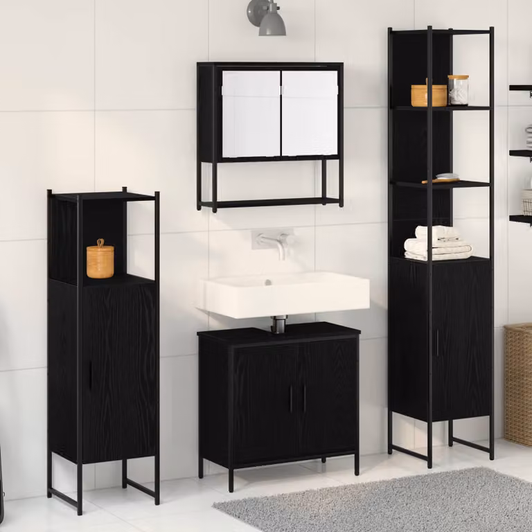 Set di mobili per il bagno vidaXL 4 pezzi nero opaco, composto da mobile lavabo, armadietto con specchio, colonna e mobile laterale, L/P/H: 33 x 33 x 185,5 cm