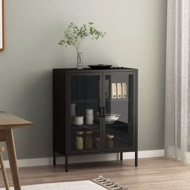 Credenza Fauske en.casa in acciaio con 2 ante in vetro temperato nero L: 101,5 cm, H: 80 cm, P: 40 cm
