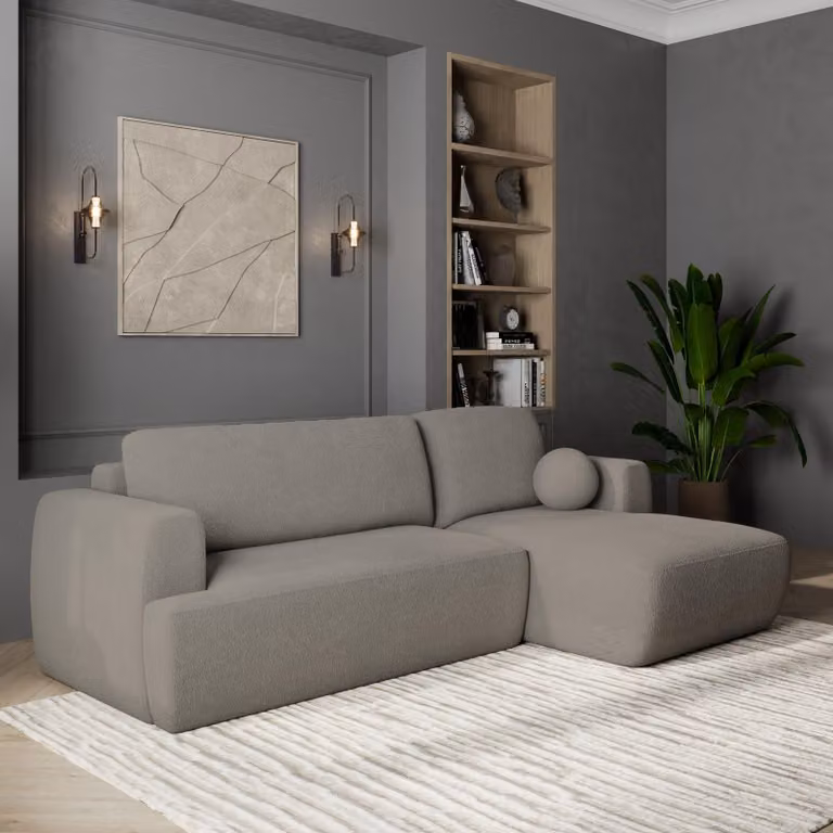 Divano angolare SENTI N R-S di Masseno con funzione letto a L, divano con box letto, divano da soggiorno, divano, divano letto, set di divani - grigio chiaro, ORA O MAI PIÙ 83
