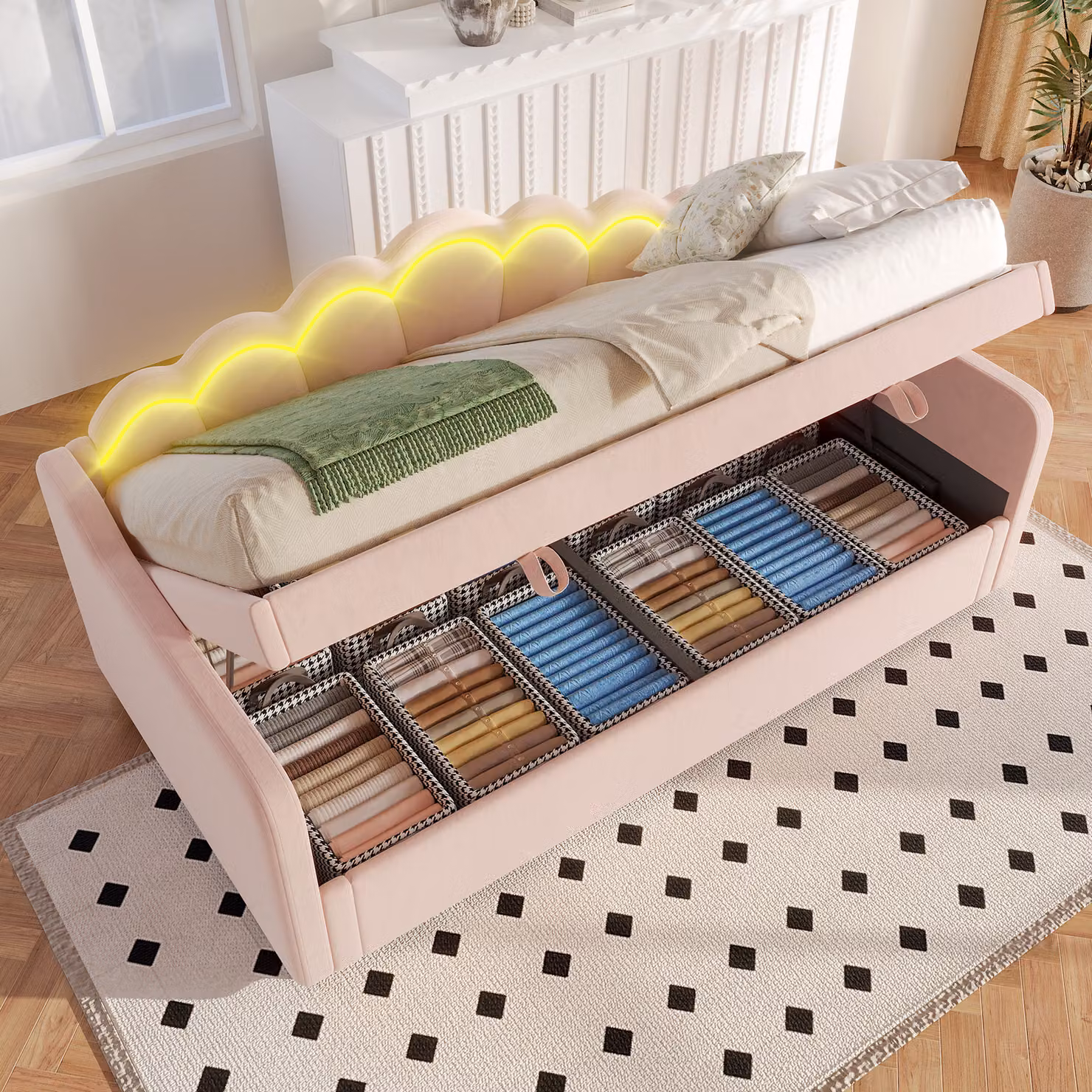 STILVORA Divano letto 90/180x200, divano letto idraulico con contenitore, letto per ragazzi con striscia LED a colori intercambiabili, rosa (senza materasso)