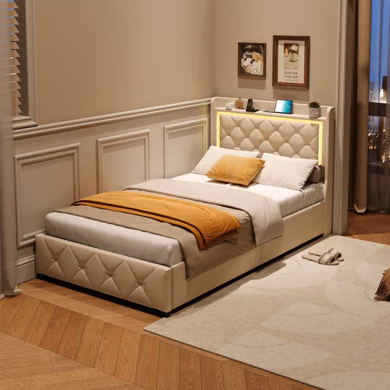 Letto con cassetti 90x200 cm in velluto beige, testata e contenitore del letto a gas, luce LED, porta USB + Type-C, design moderno e confortevole