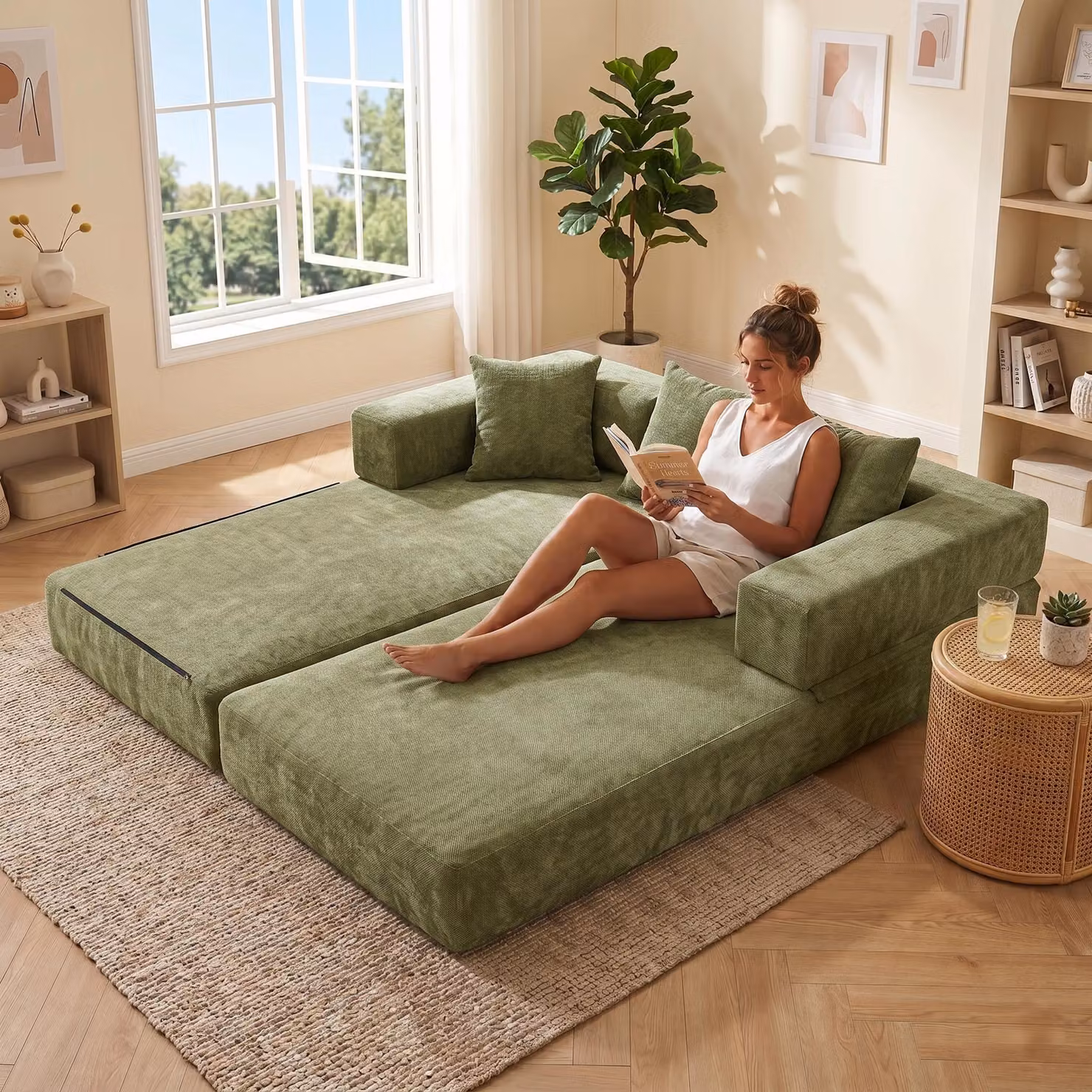 LVHOM Divano letto modulare in ciniglia, divano pieghevole da terra con tasca laterale, divano imbottito pieghevole 198x79/159cm, verde