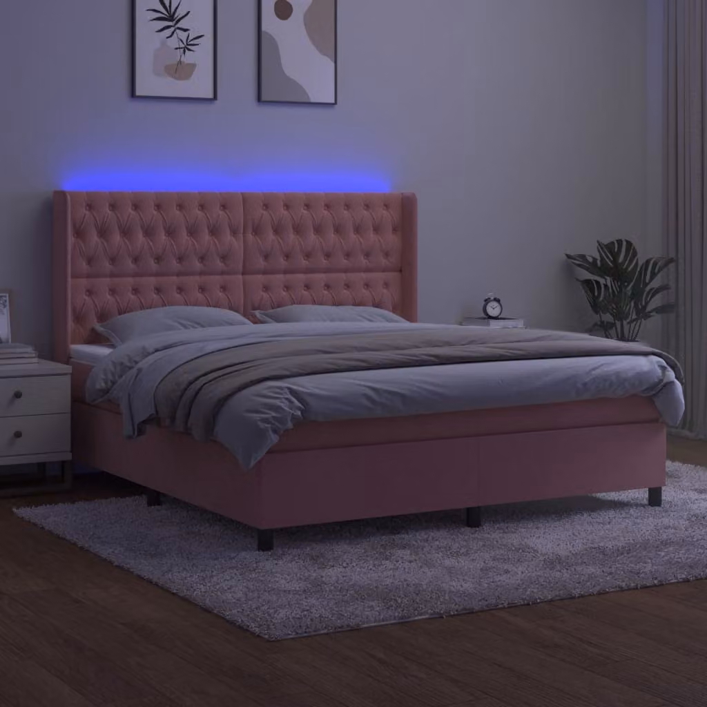 The Living Store Letto a molle con materasso e LED Rosa 160x200 cm Velluto