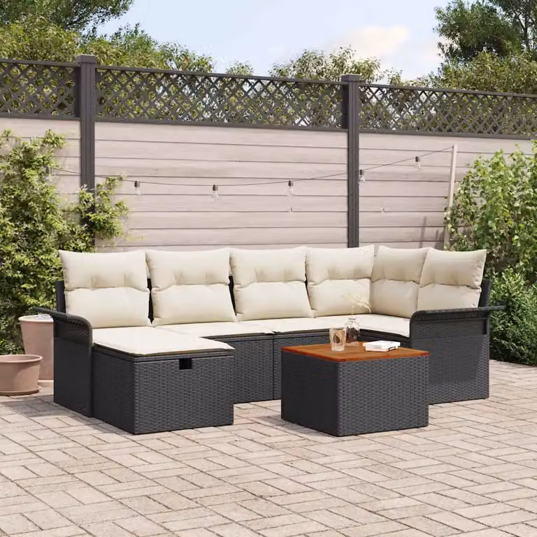 Set Divano da Giardino a L vidaXL in Polyrattan Nero con Cuscini e Tavolino da 7 Pezzi