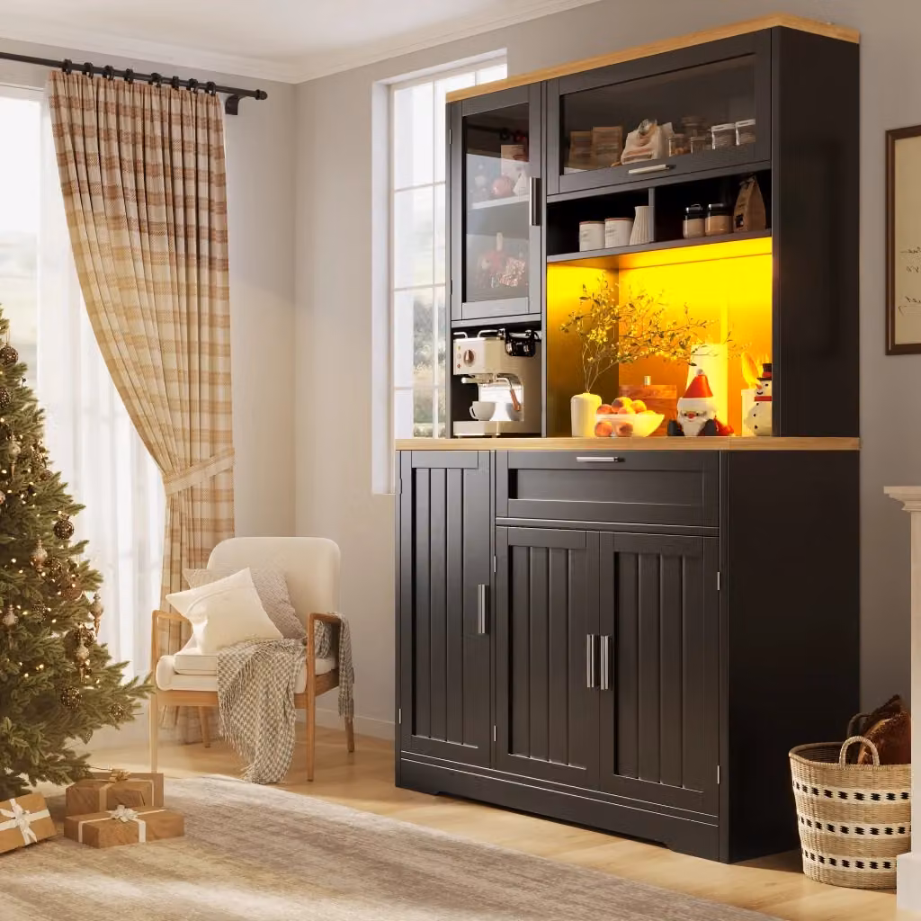 Credenza alta WISHDOR con vetrina in vetro e illuminazione LED integrata, armadio dispensa nero in MDF e metallo, L: 104 cm, P: 40 cm, H: 180 cm – 2
