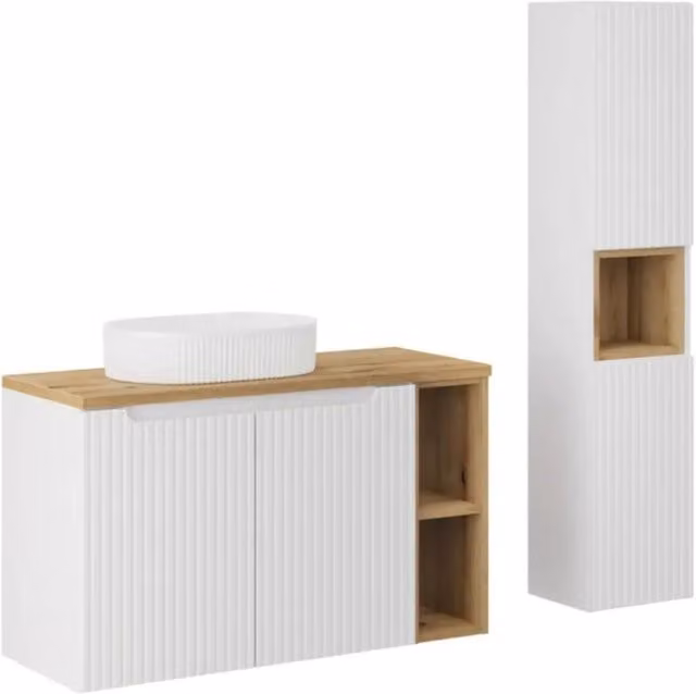 Set VANO bianco 130cm: mobile sottolavabo con armadietti e nicchie a vista + lavabo da appoggio bianco scanalato + colonna