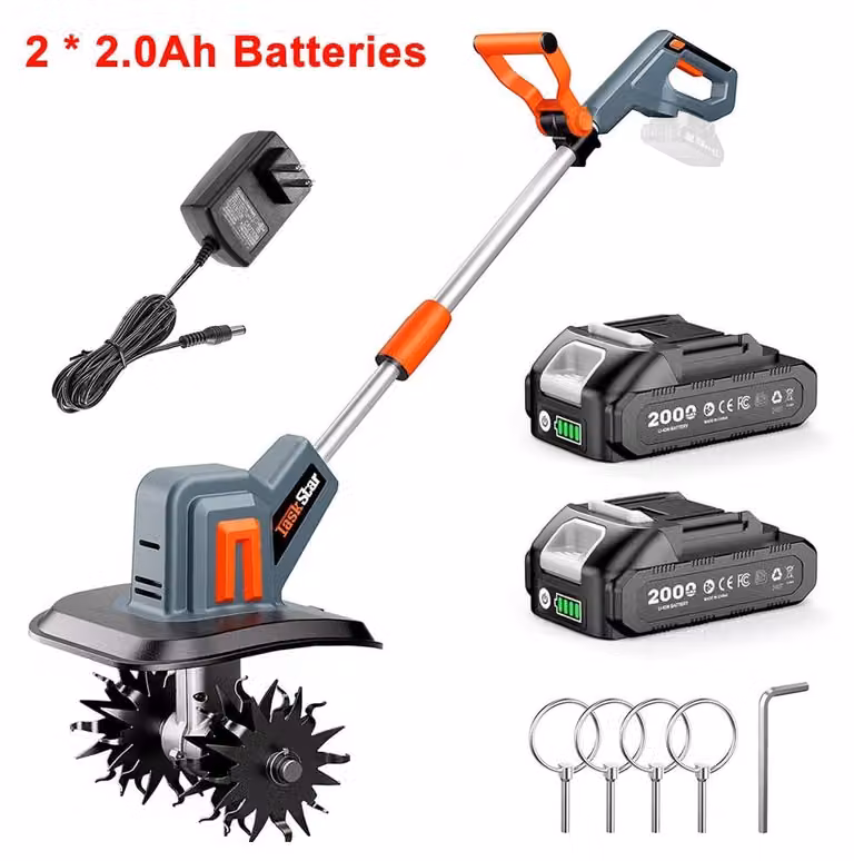 Fresatrice per terreno a batteria - Coltivatore elettrico - 360 giri/min - 2 batterie al litio da 2,0 Ah - Lame in acciaio - Spina di tipo europeo