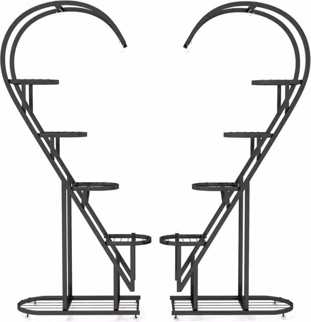 Set di 2 Scaffali Porta Piante in Metallo Nero a 5 Livelli con Design a Cuore e Ganci per Soggiorno o Giardino – 1