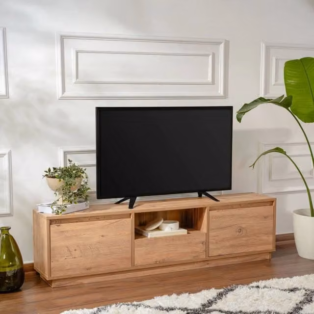 Mobile porta TV Morrigan DMORA in legno di pino color marrone, credenza moderna per soggiorno L: 160 cm, P: 29,5 cm, H: 42 cm