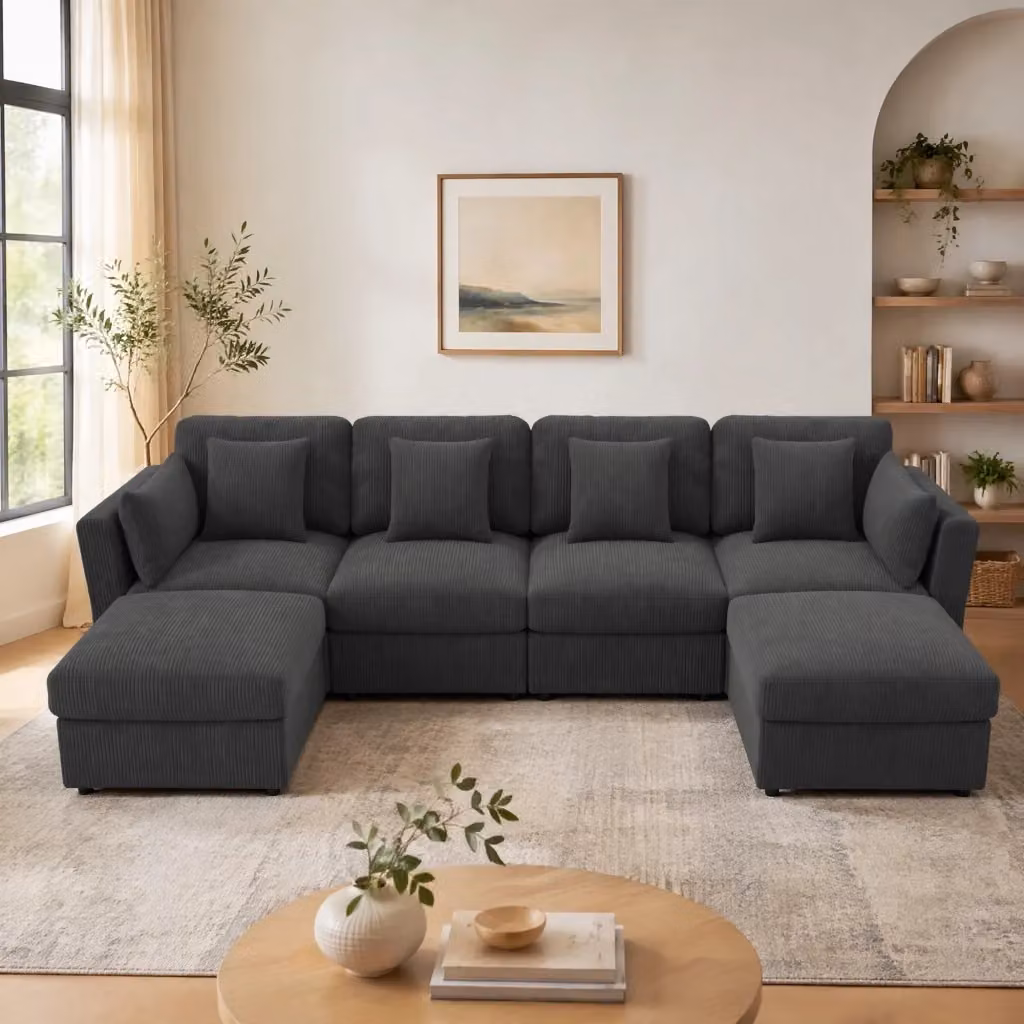 Divano angolare modulare REDOM in tessuto grigio con pouf coordinato e cuscini, L/P/H: 290 x 159,5 x 89 cm – 2