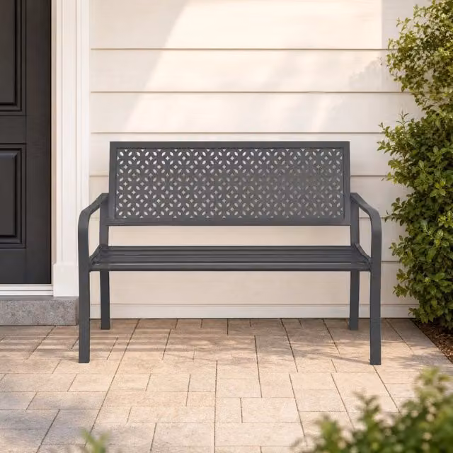 Panchina da giardino MODFU a 2 posti in acciaio grigio con braccioli, L: 240 cm, P: 61 cm, H: 85 cm