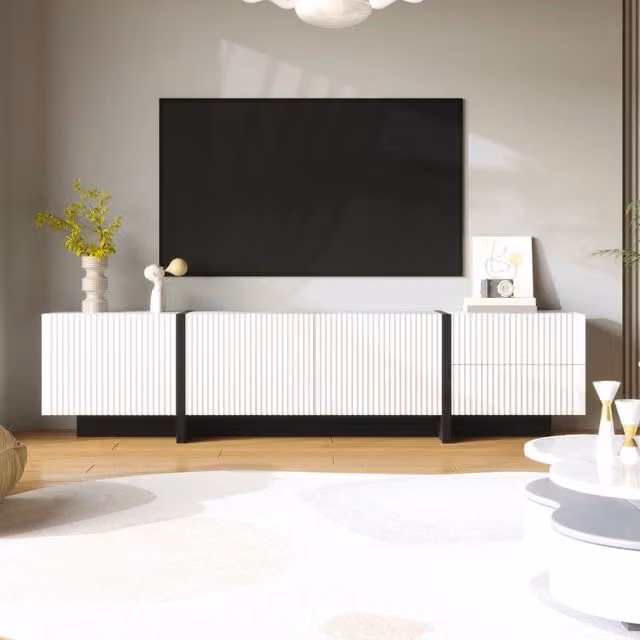 Mobile porta tv 190 cm con 3 ante e 2 cassetti; per tv da 50 a 59 pollici; struttura in MDF; bianco e nero