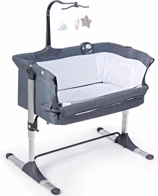 Culla portatile 2 in 1, lettino con materasso, comodino regolabile in altezza con barca a forma di arcobaleno, cassettone musicale e borsa da trasporto, lettino da viaggio con ruote per bambini da 0 a 6 mesi (grigio)