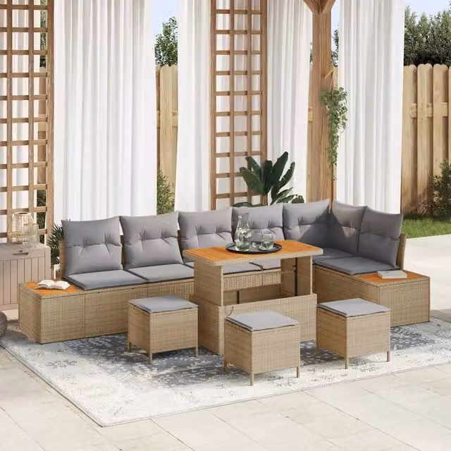 vidaXL Set Divano da Giardino a Forma di U con Cuscini e Tavolino, Beige