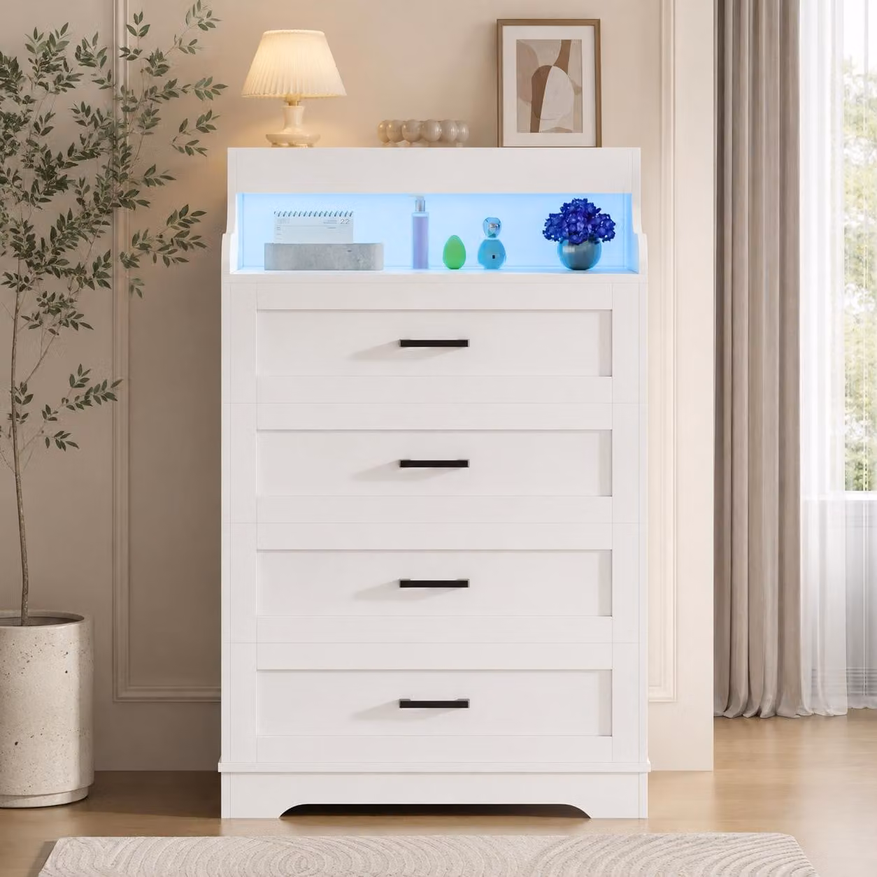 Comodino INONEFT con 4 cassetti, mobile contenitore con illuminazione LED, armadietto con 2 vani a giorno, ideale per camera da letto e soggiorno, colore bianco