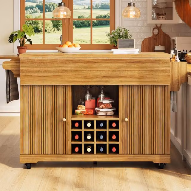 Carrello da cucina con ripiani regolabili, portabottiglie estraibile e piani ribaltabili, in MDF, marrone scuro