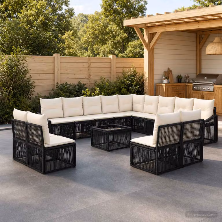 Set Divano da Giardino vidaXL 14 Pezzi a Forma di U in Polyrattan Nero e Beige con Cuscini e Tavolino