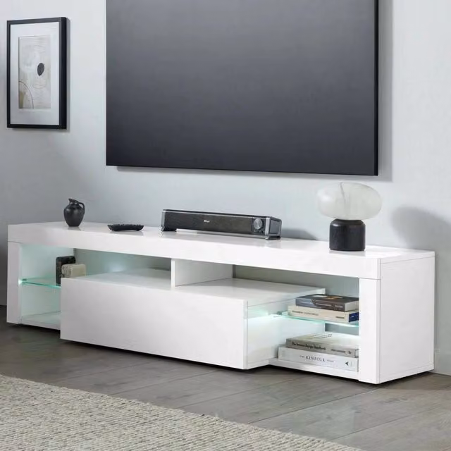 Mobile porta TV Ivy DMORA, Credenza bassa da soggiorno con illuminazione integrata, Bianco lucido, L: 160 cm, P: 40 cm, H: 35 cm – 1