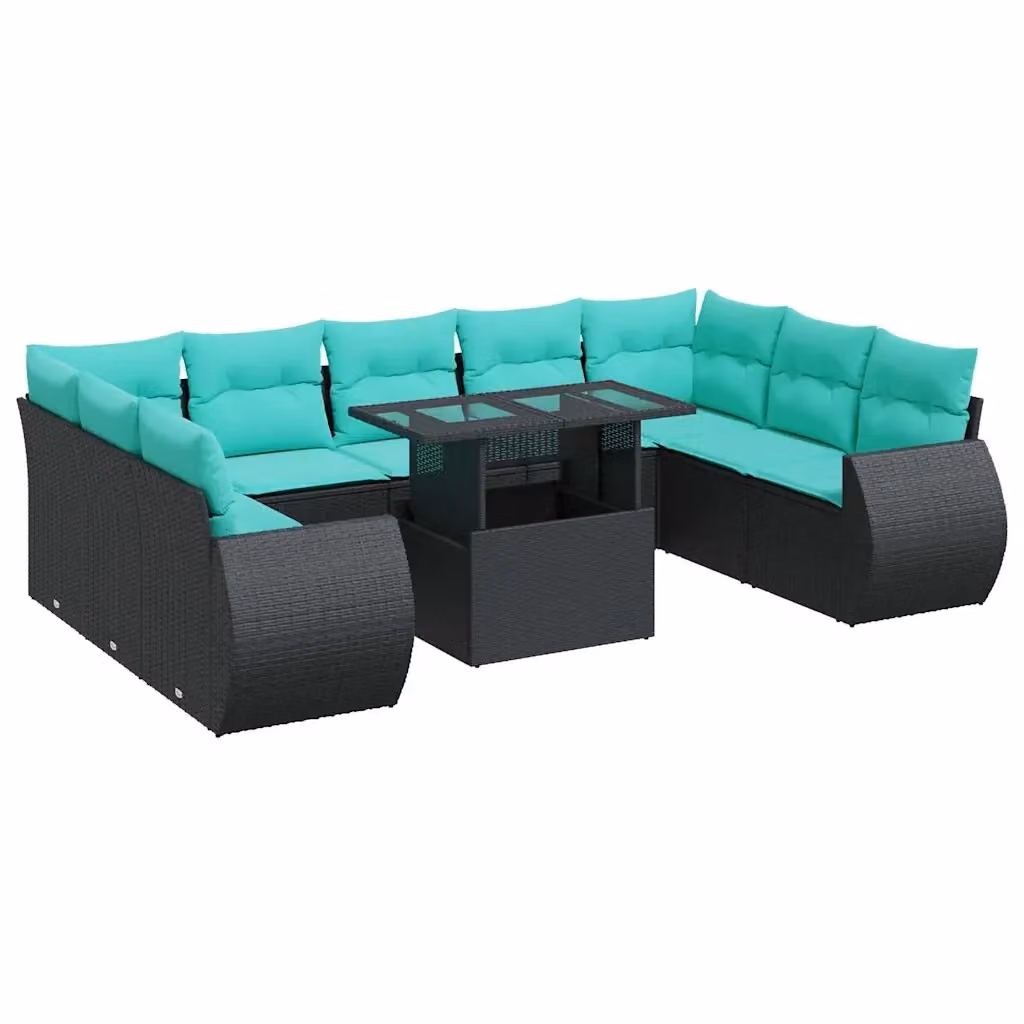 Set di Divani da Giardino a Forma di U con Tavolino vidaXL, 10 Pezzi in Polyrattan Nero con Cuscini Blu e Coperture Rimovibili – 2