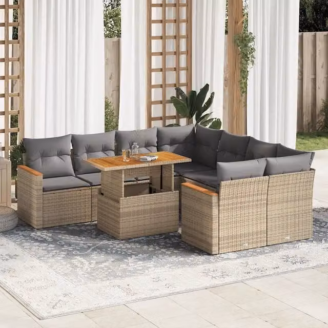 Set Divano da Giardino a L vidaXL in Polyrattan e Legno di Acacia con Cuscini Beige e Grigio, 9 Pezzi – 1