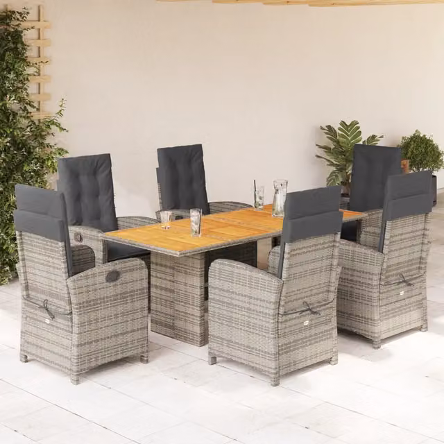 Set da pranzo da giardino vidaXL in polyrattan e legno di acacia con 7 pezzi, grigio e marrone