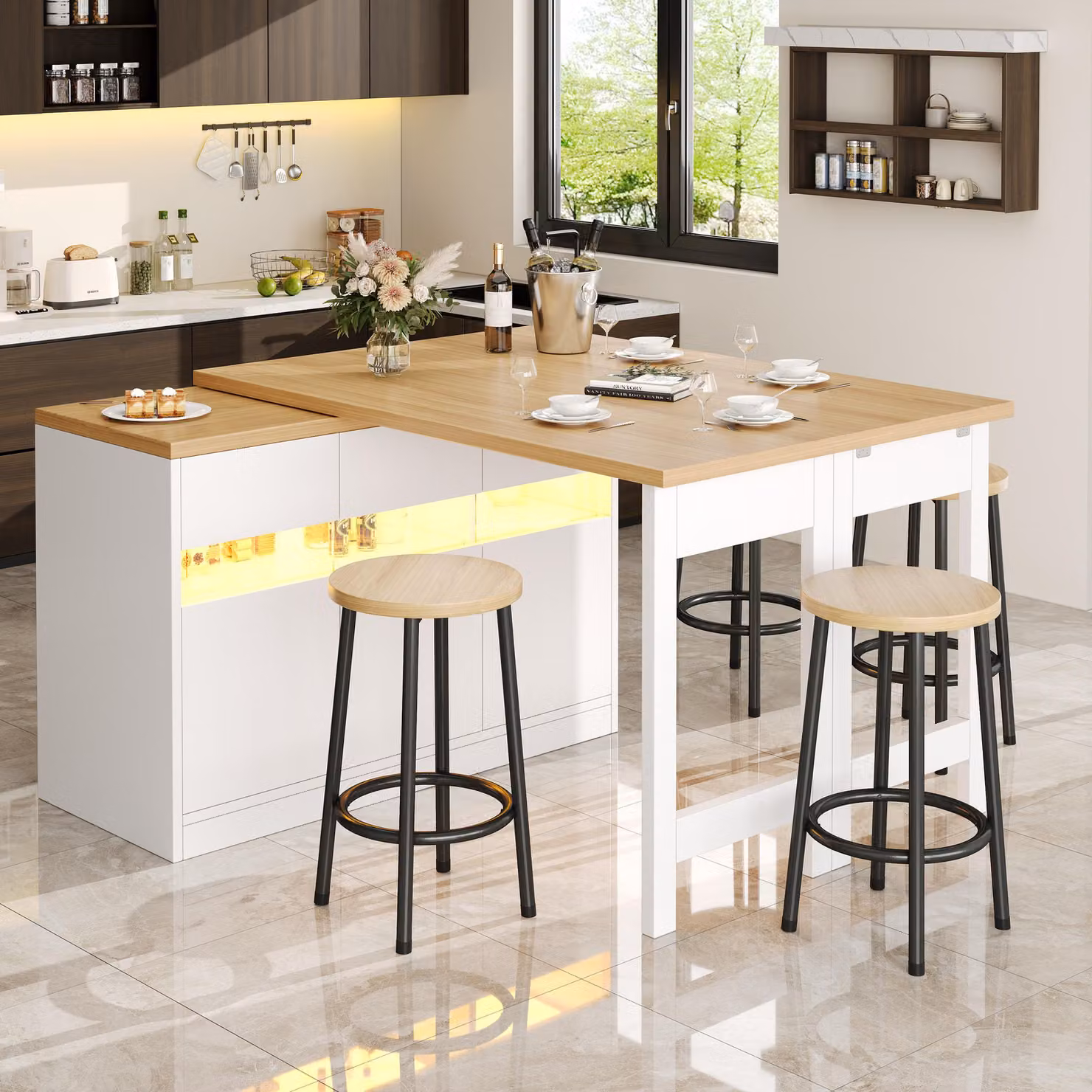 Tavolo da bar allungabile con LED, tavolo da pranzo girevole con armadio, tavolo da cucina/sala da pranzo girevole a 360°, 120-180x40x71,5 cm, bianco