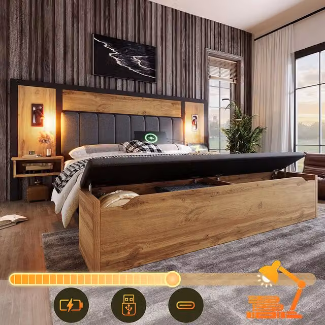 Letto matrimoniale imbottito - Xylo - 160??200 cm - Ch??ne - Lampada lettura, USB C, banquette