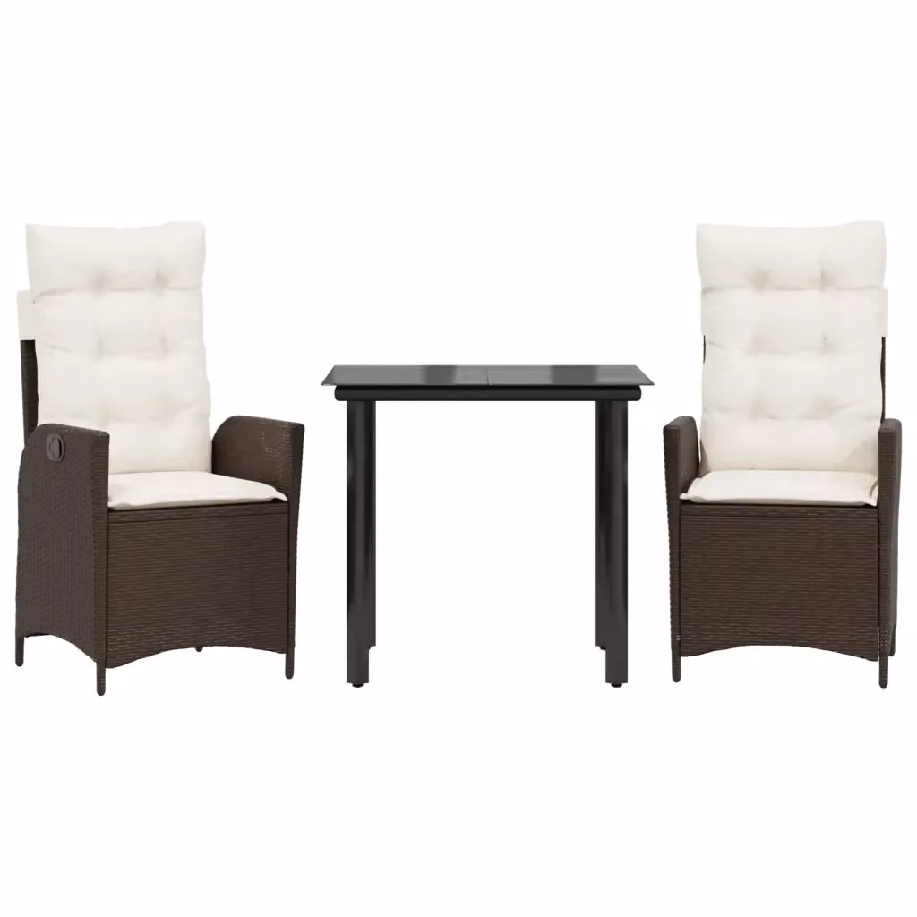 Set da Pranzo da Giardino 3pz vidaXL in Polyrattan Marrone con Cuscini e Tavolo in Vetro – 2