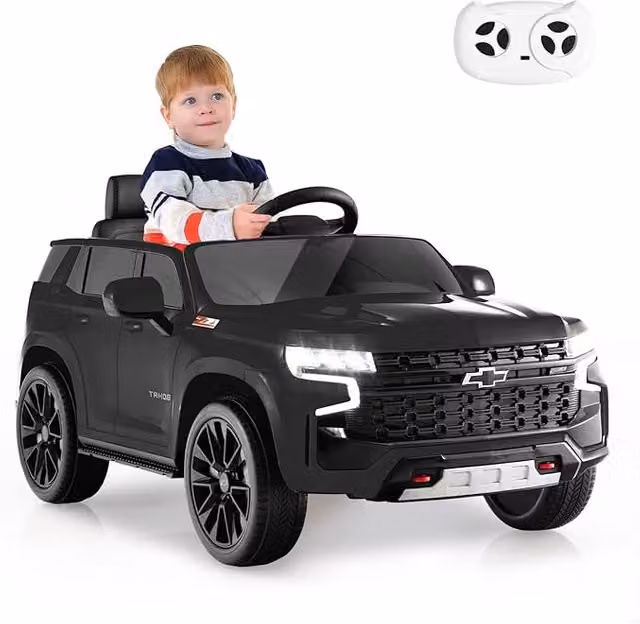 Macchina Elettrica Chevrolet SUV Costway 12V con Telecomando, Luci e Musica, Colore Nero