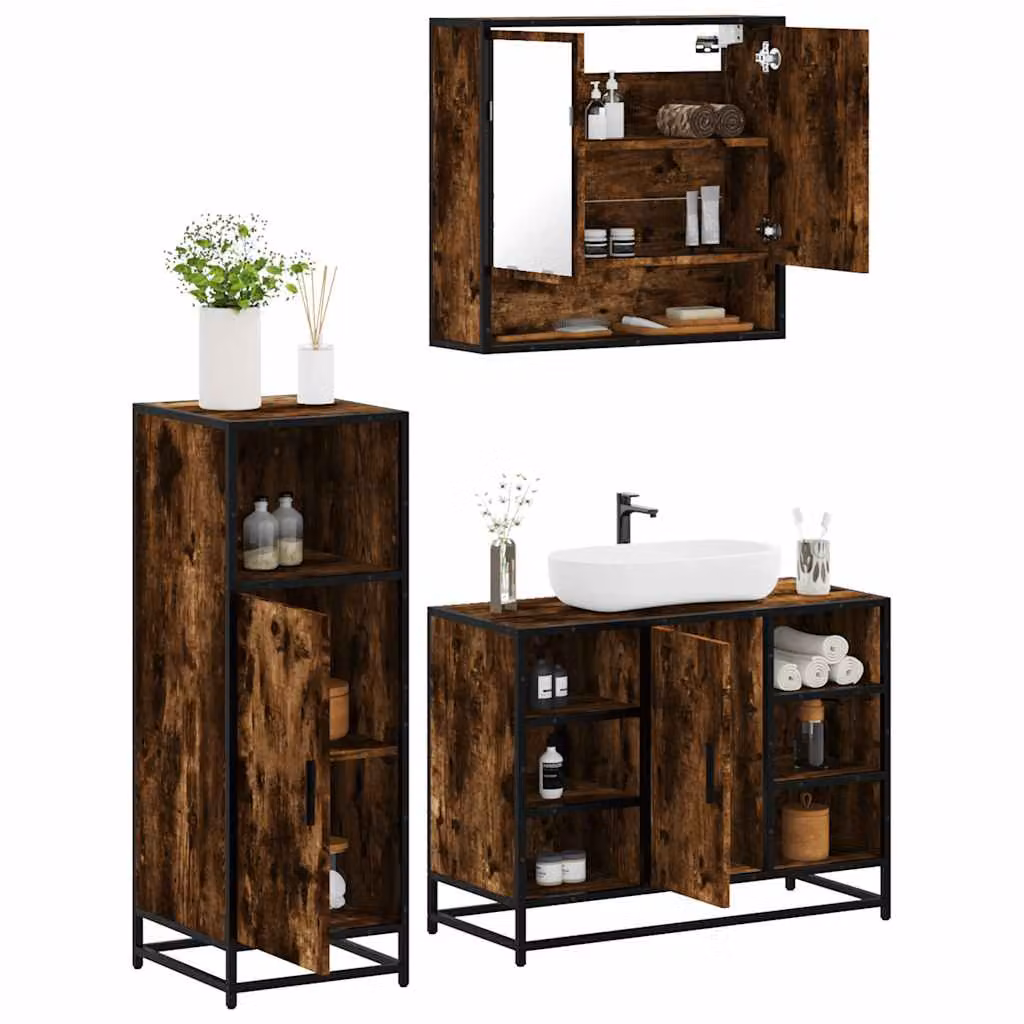 Set di mobili da bagno 3 pezzi vidaXL in stile industriale color marrone con mobile lavabo, armadietto con specchio e mobile laterale in legno e metallo