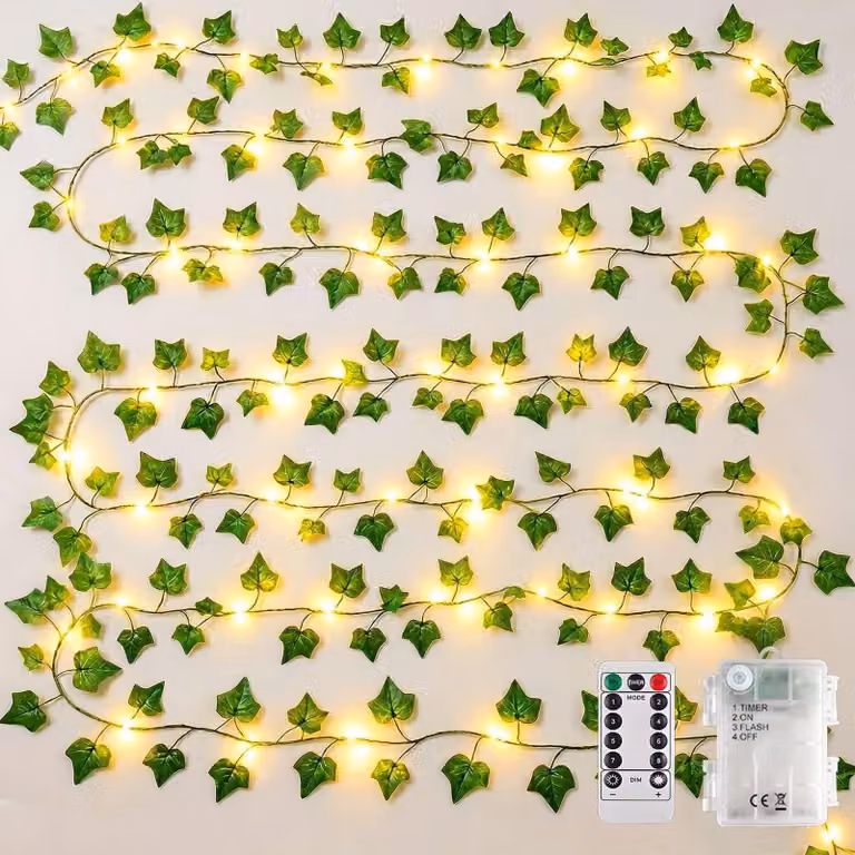 Catena luminosa a forma di edera, 10 metri, 100 LED, alimentata a batteria, luce bianco caldo